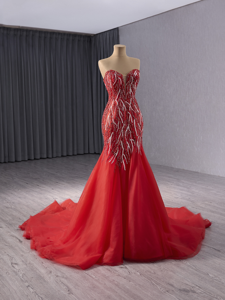 luxury model red sleeveless beading tull formal prom dress evening gown 241050