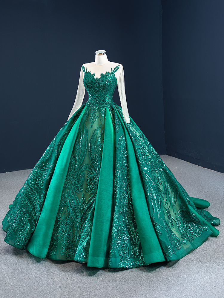luxury model dark green long sleeve sequin ball gown prom dress 67201