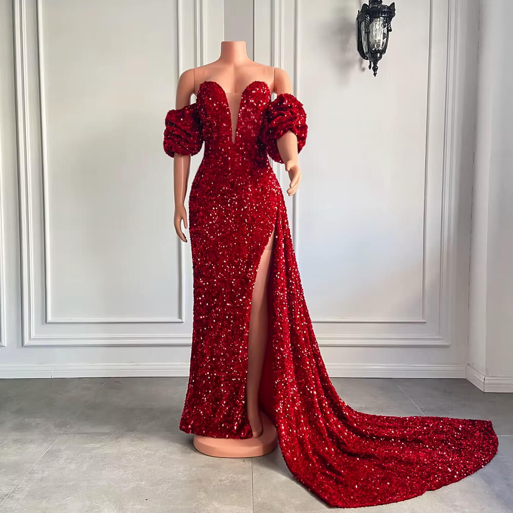 sparkly red sequin velvet long split mermaid prom dress xy0042