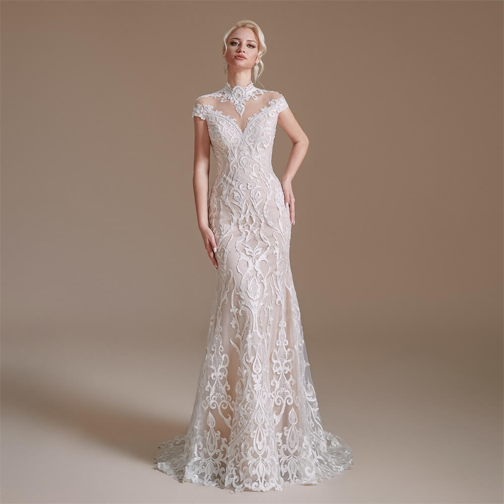 simple high neck sleeveless long mermaid wedding dress 1061