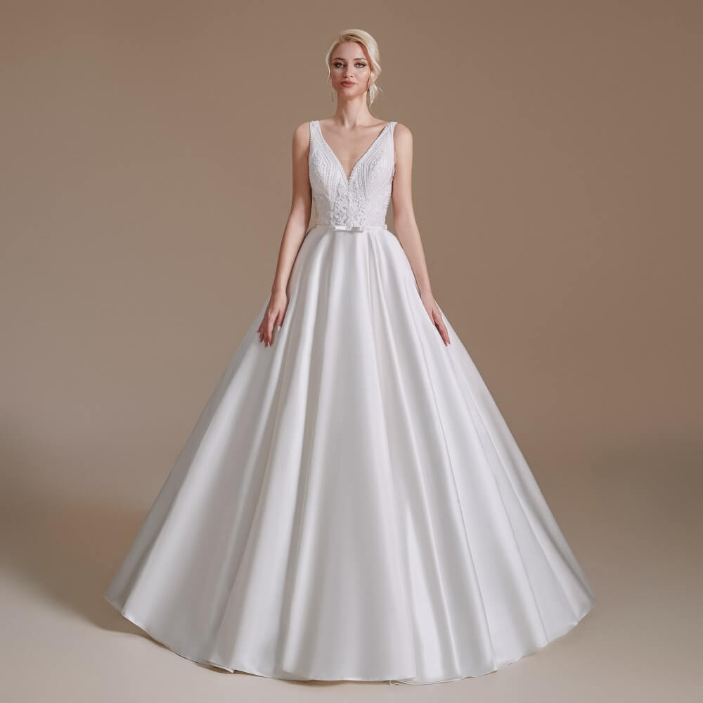 Simple V Neck Sleeveless Long A Wedding Dress 1062