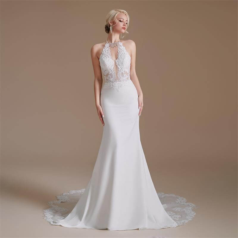 open back halter neck sleeveless lace long mermaid wedding dress 1065