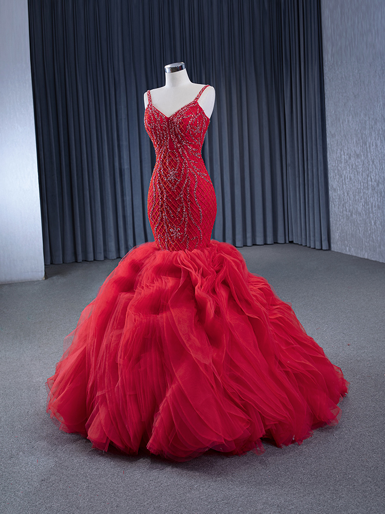 red spaghetti sleeveless beading mermaid formal evening gown 231142