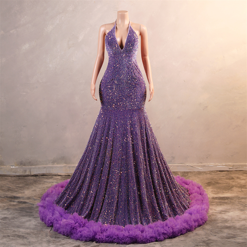 purple sleeveless sequin velvet halter neck mermaid formal prom dress evening gown fy38003