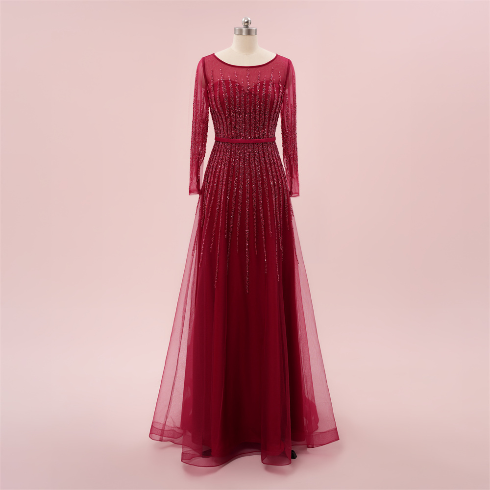 elegant burgundy long sleeve beading mermaid formal party dress sg65002