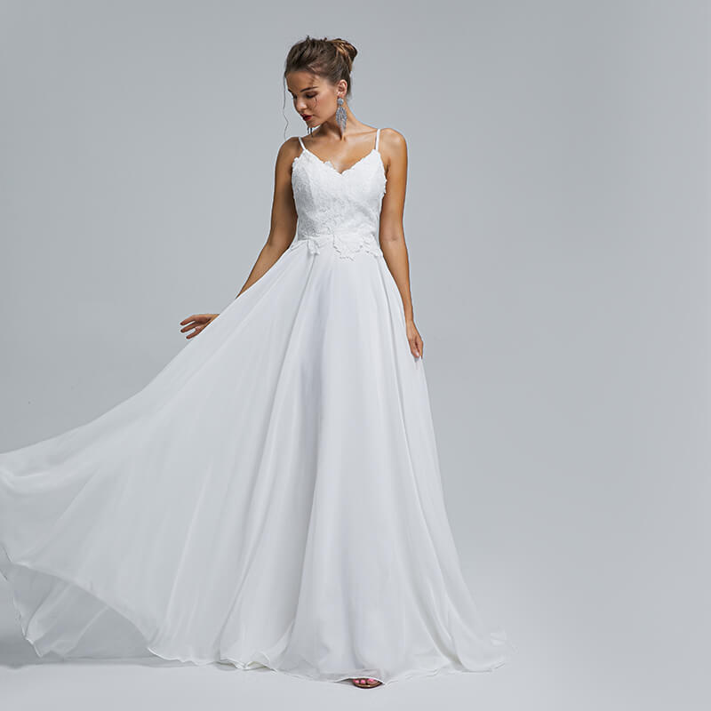 spaghetti v neck applique sleeveless chiffion wedding dress st006