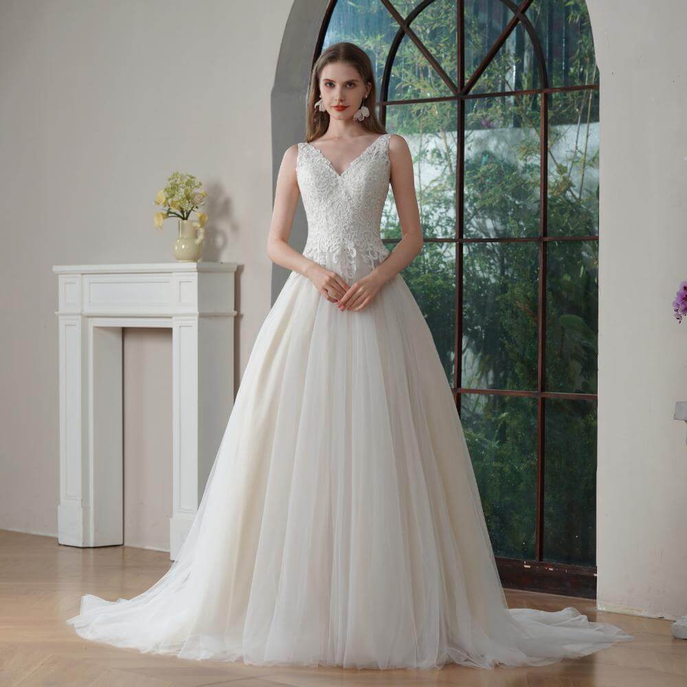 elegant a line wedding dress sleeveless v neck tull applique bridal dress 127247
