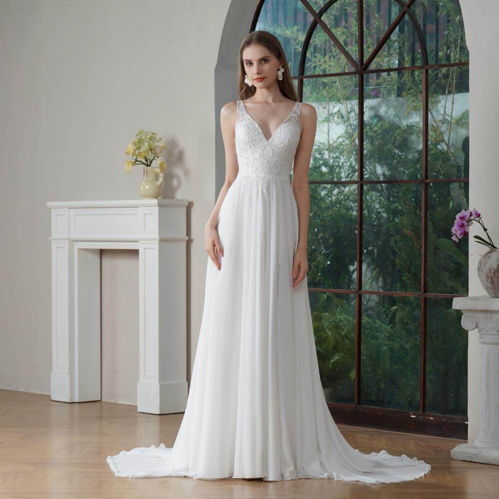elegant a line wedding dress sleeveless v neck tull applique bridal dress 186375