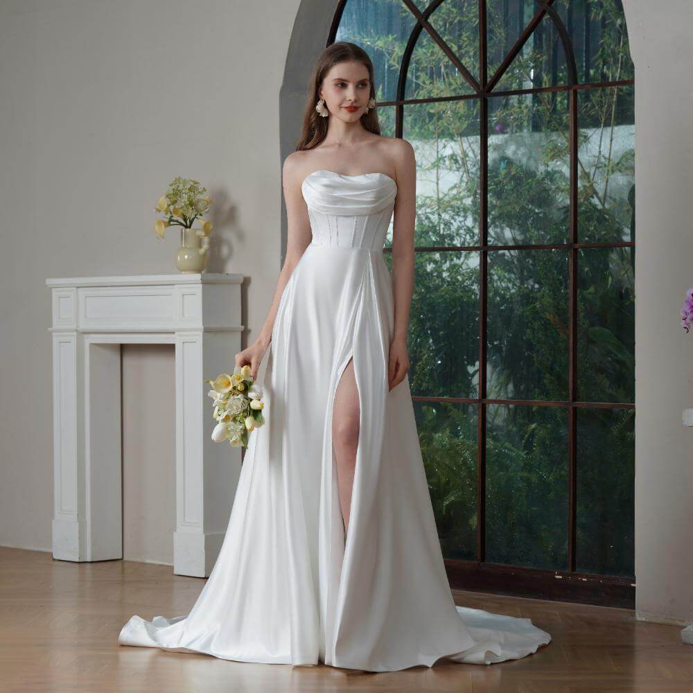 elegant a line long wedding dress betaue neck stain pleat bridal dress 240013