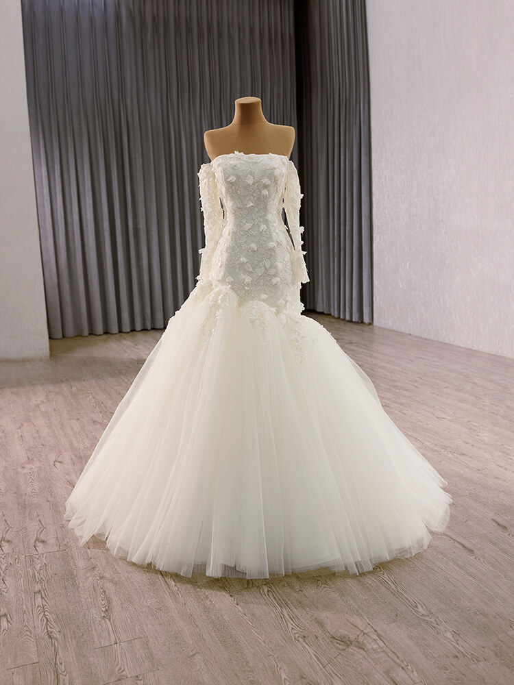 luxury model one shoulder neck long sleeve flower long mermaid wedding dress 241153