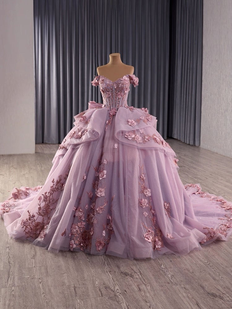 luxury model sweetheart neck applique pleats bow ball gown prom dress quinceanera dress 251031