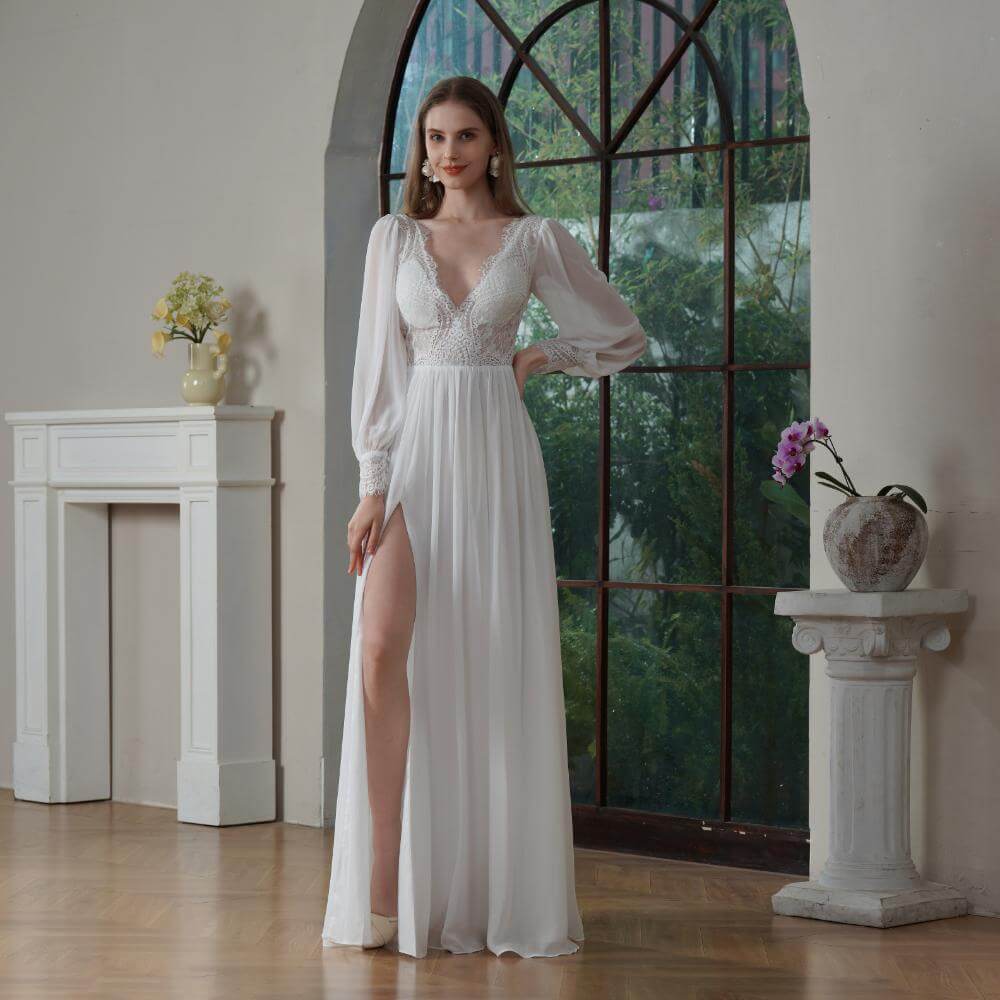 Elegant A Line Wedding Dress Lace Chiffion Long Sleeve V Neck Sweep Strain Bridal Dress 30818