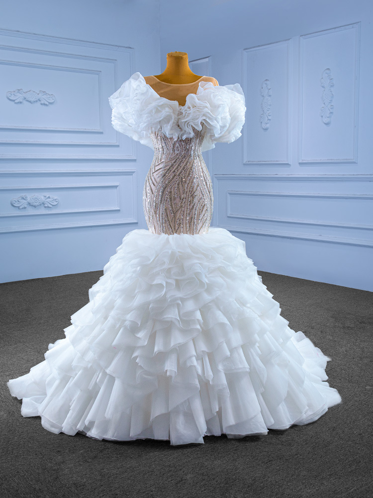 luxury model ruffles sleeveless pleats long tiered mermaid wedding dress 67569