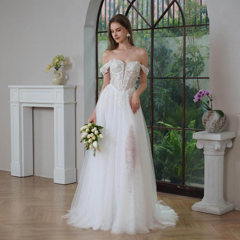 elegant a line wedding dress off the shoulder neck pleat lace split sweep strain bridal dress sh020